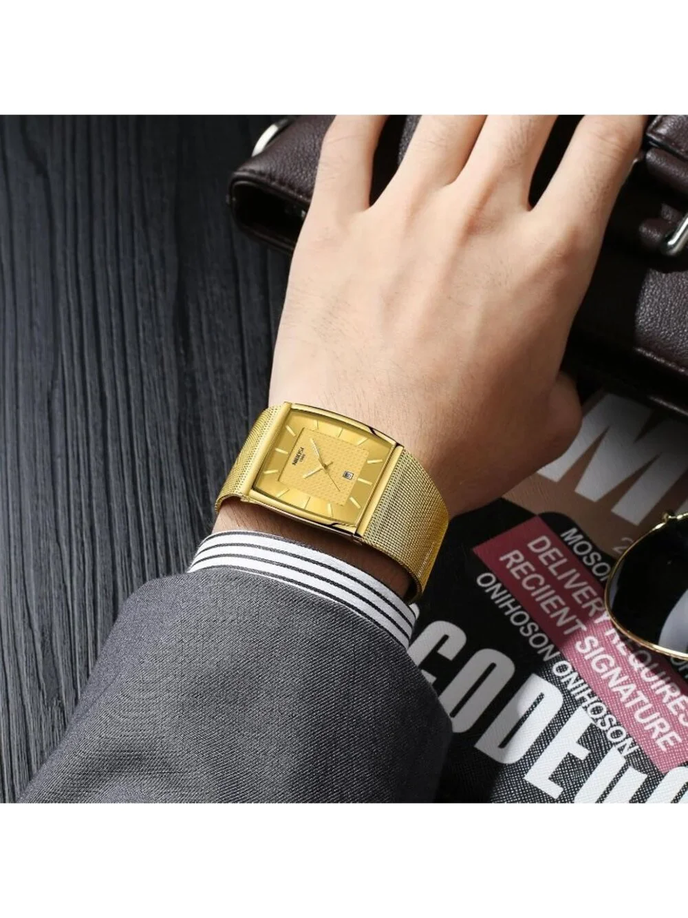 Nibosi Men's Gold Square Analog Quartz Stainless Mesh Strap Waterproof Watch